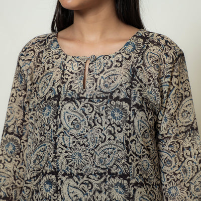 Beige & Black - Kalamkari Hand Block Printed Mul Cotton Straight Kurta 09