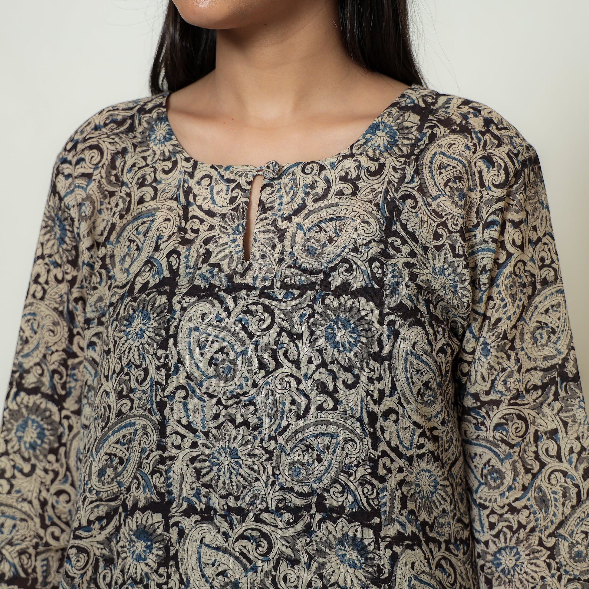 Beige & Black - Kalamkari Hand Block Printed Mul Cotton Straight Kurta 09