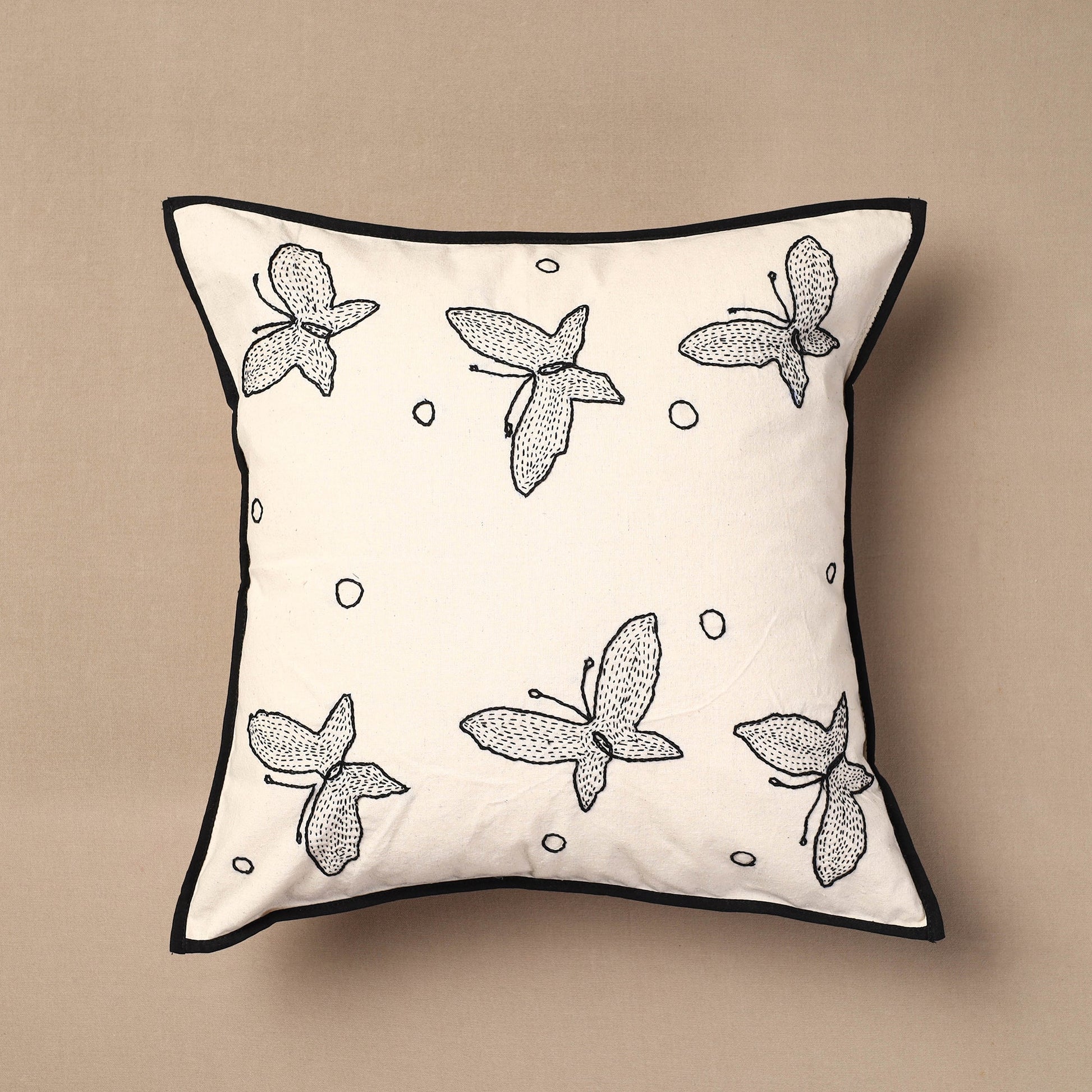 Beige - Bakhiya Tanka Applique Work Cotton Cushion Cover (16 x 16 in)