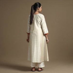 Beige - Plain Solid Slub Silk Mashru Patchwork Kurta