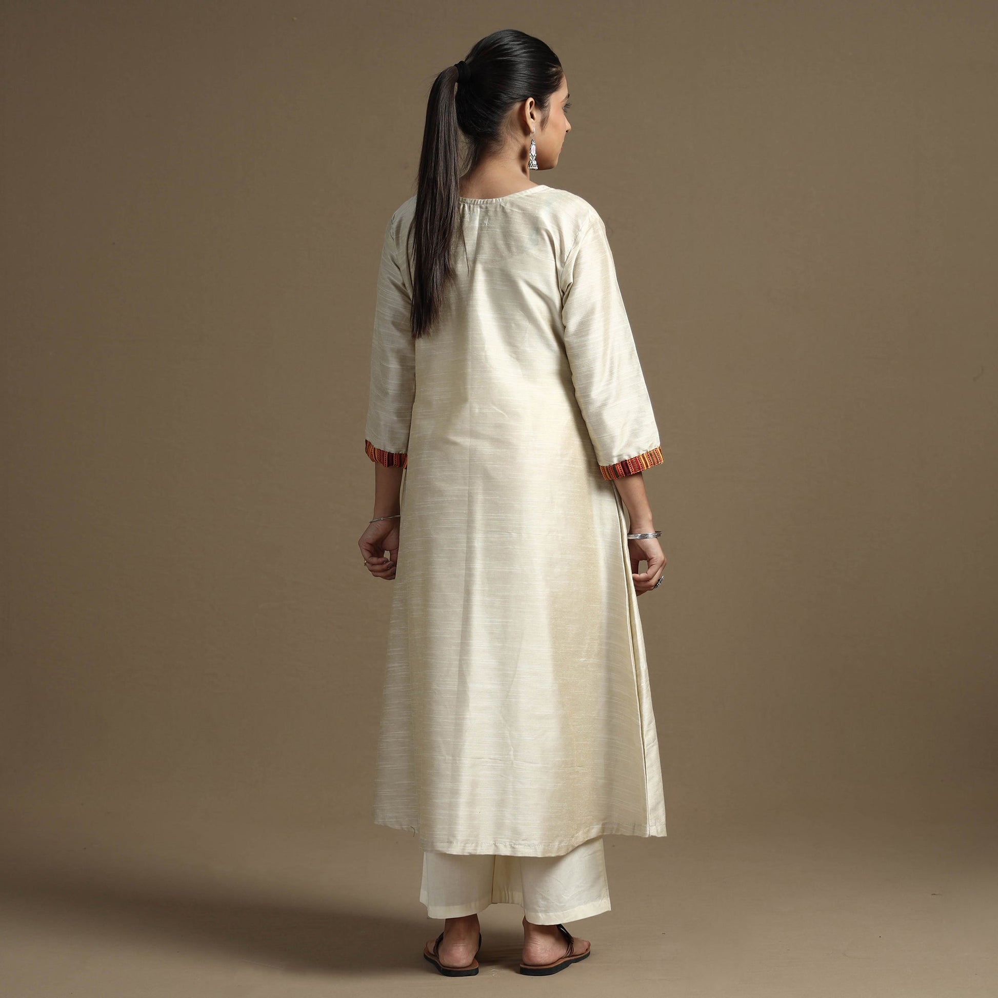 Beige - Plain Solid Slub Silk Mashru Patchwork Kurta