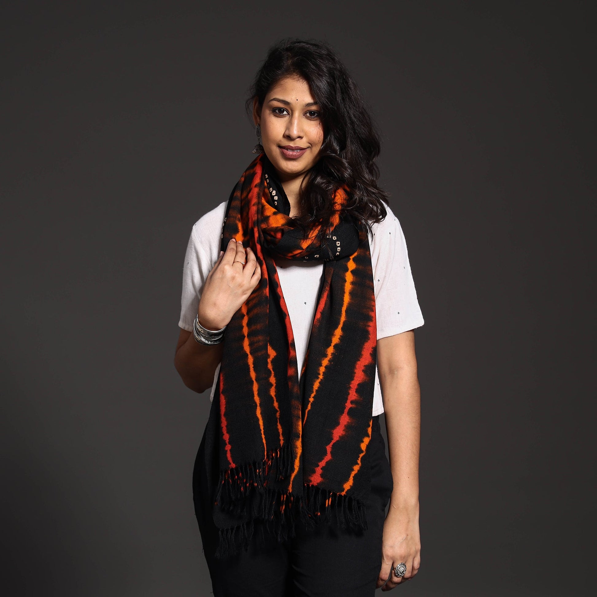 Black - Handwoven Tie-Dye Merino Wool Shibori & Bandhani stole