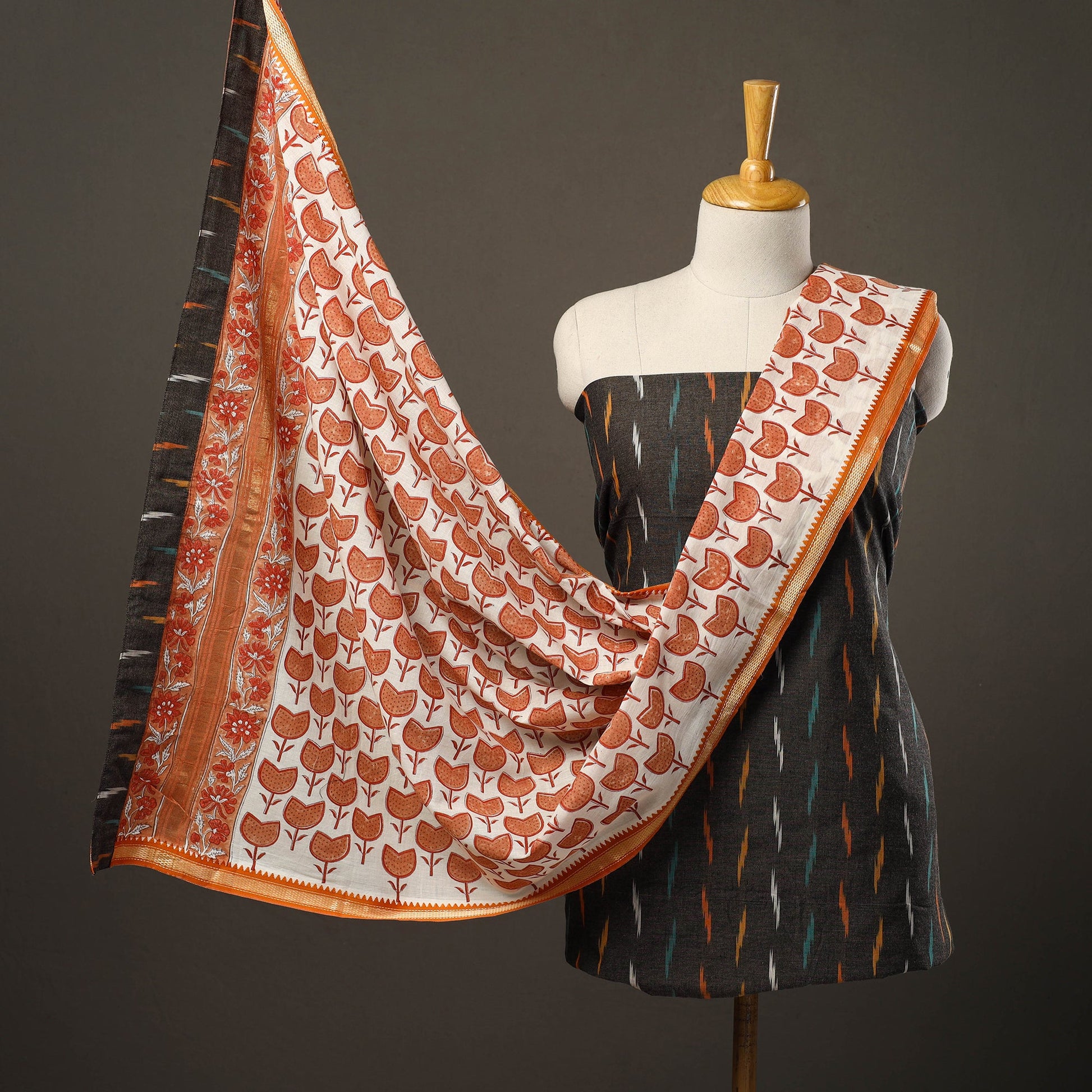 Black - 2pc Cotton Pochampally Ikat Kurta with Sanganeri Dupatta 29