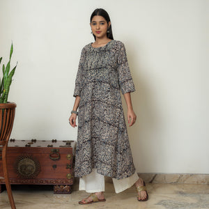 Black - Kalamkari Hand Block Printed Mul Cotton Pintuck A-Line Kurta 05