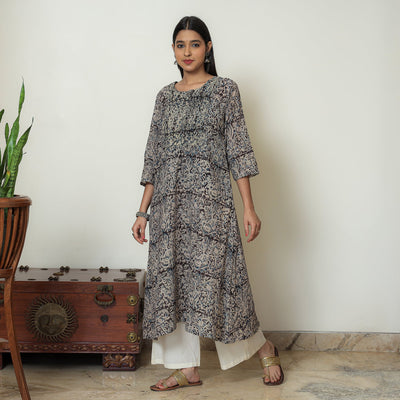 Black - Kalamkari Hand Block Printed Mul Cotton Pintuck A-Line Kurta 05