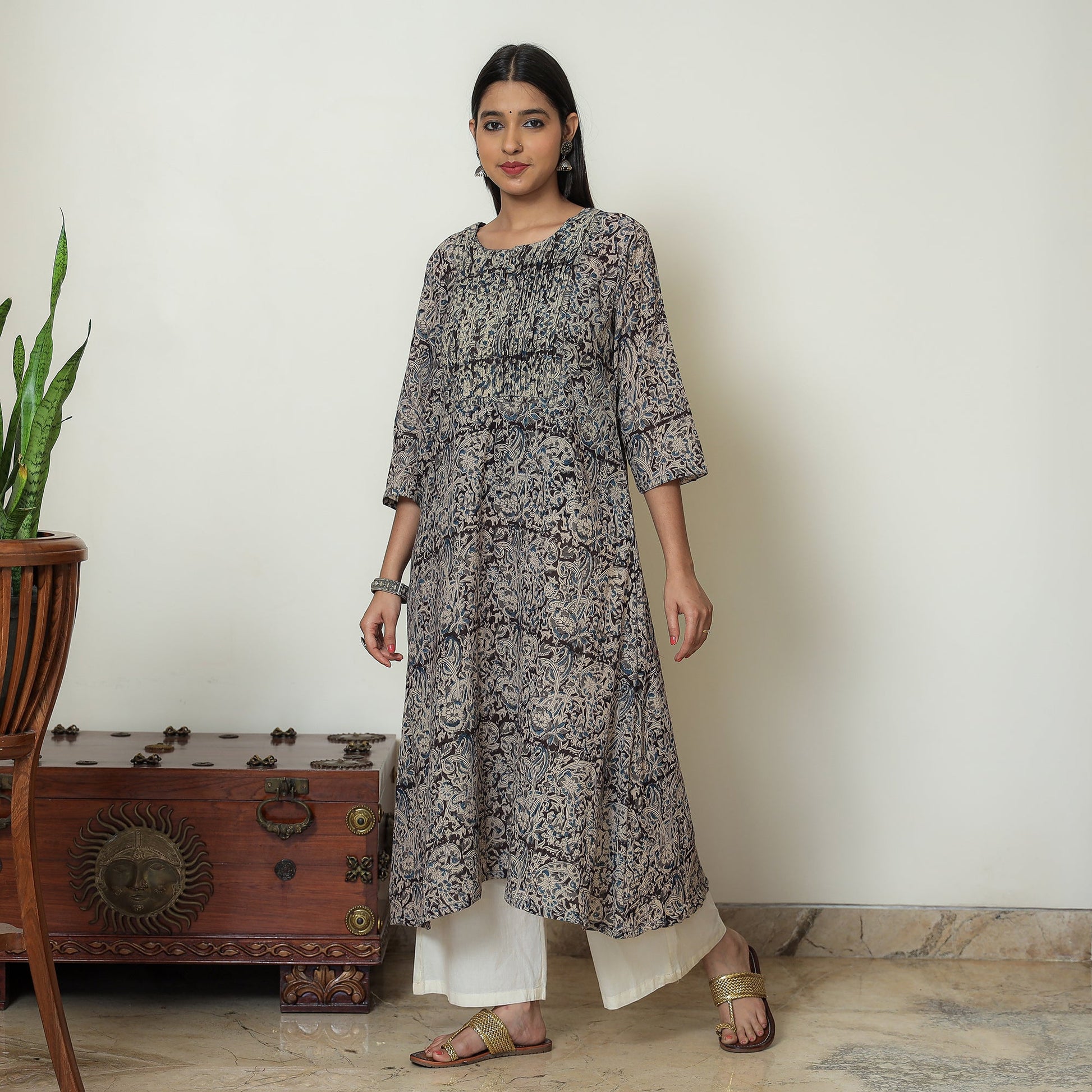 Black - Kalamkari Hand Block Printed Mul Cotton Pintuck A-Line Kurta 05