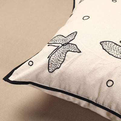 Beige - Bakhiya Tanka Applique Work Cotton Cushion Cover (16 x 16 in)