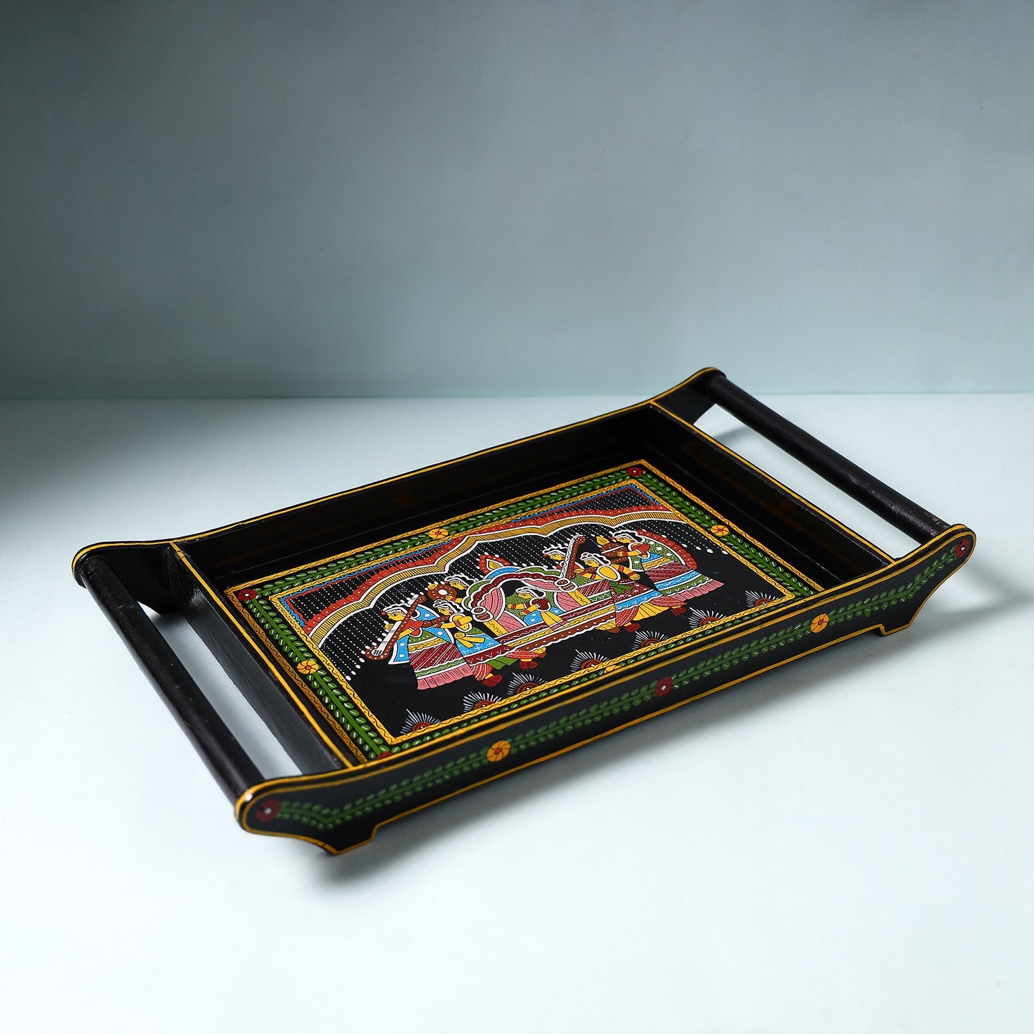 Black - Tikuli Art Handpainted Wooden Tray (Large)