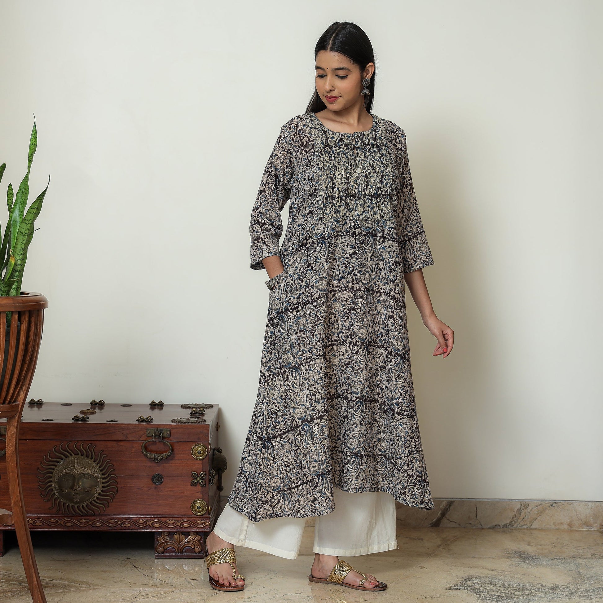 Black - Kalamkari Hand Block Printed Mul Cotton Pintuck A-Line Kurta 05