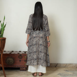 Black - Kalamkari Hand Block Printed Mul Cotton Pintuck A-Line Kurta 05