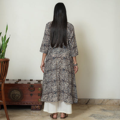 Black - Kalamkari Hand Block Printed Mul Cotton Pintuck A-Line Kurta 05
