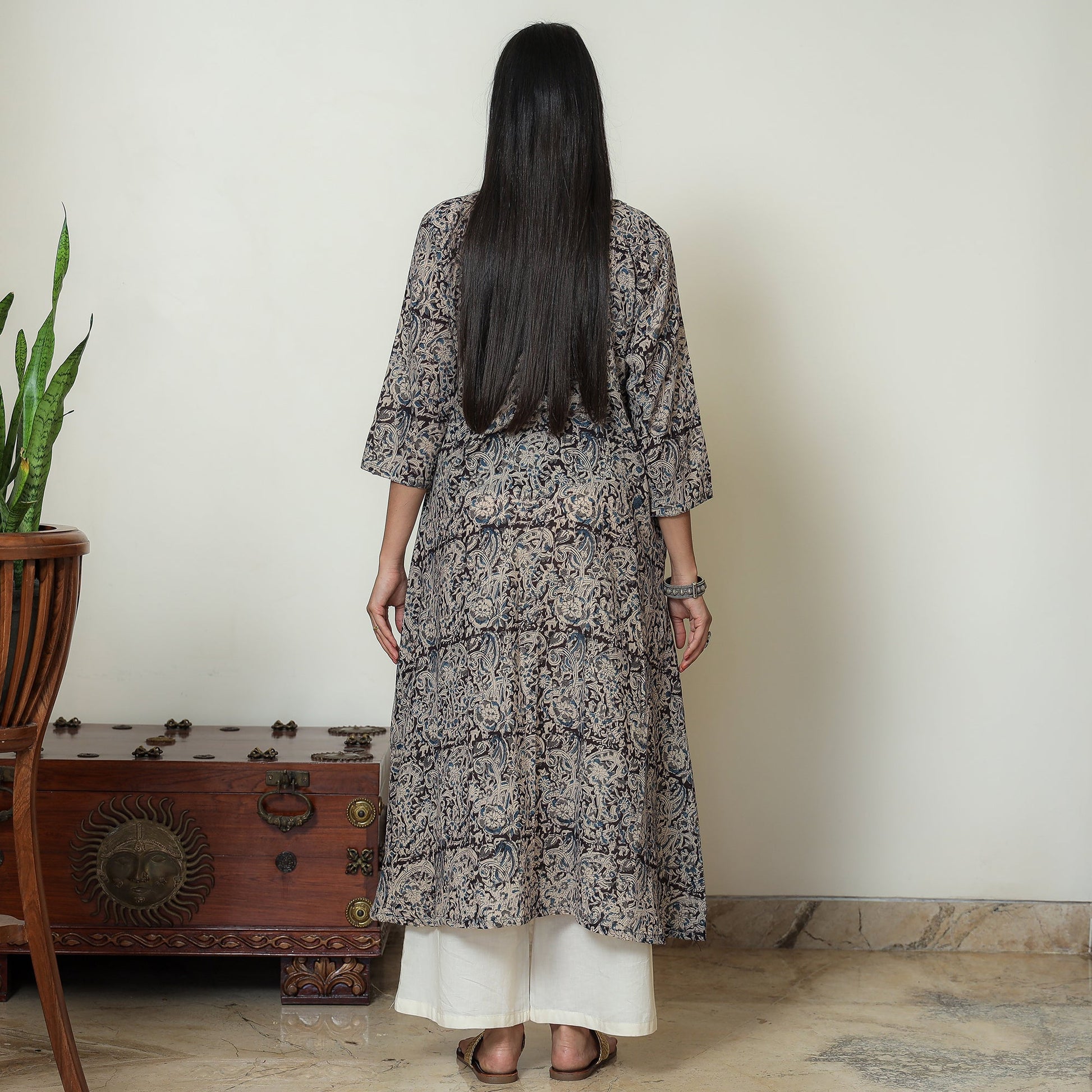 Black - Kalamkari Hand Block Printed Mul Cotton Pintuck A-Line Kurta 05