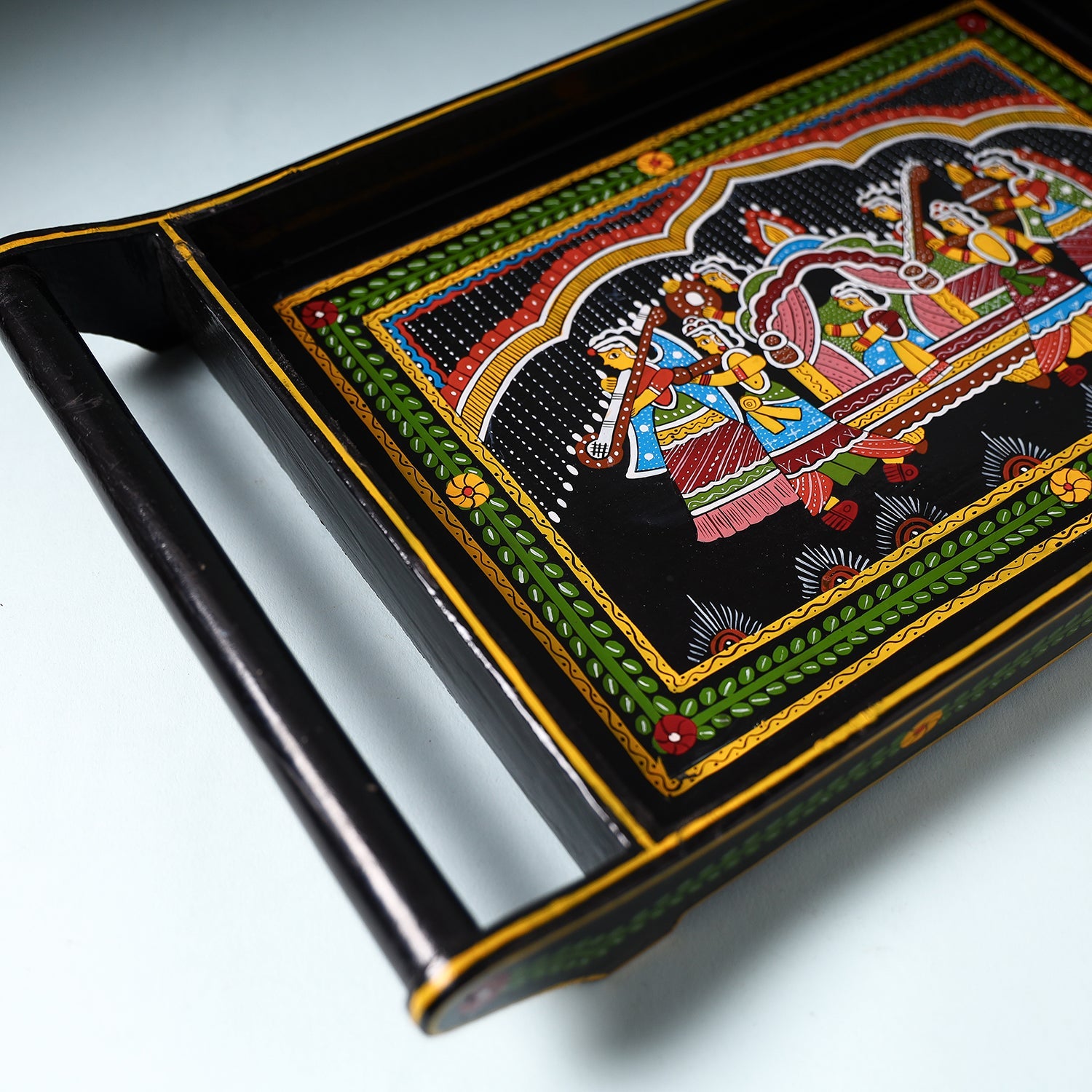 Black - Tikuli Art Handpainted Wooden Tray (Large)