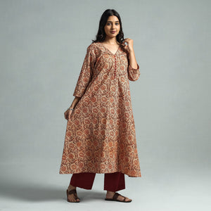 Brown - Pedana Kalamkari Block Printed Cotton Kurta with Palazzo Set