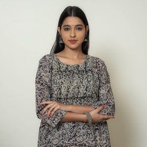 Black - Kalamkari Hand Block Printed Mul Cotton Pintuck A-Line Kurta 05