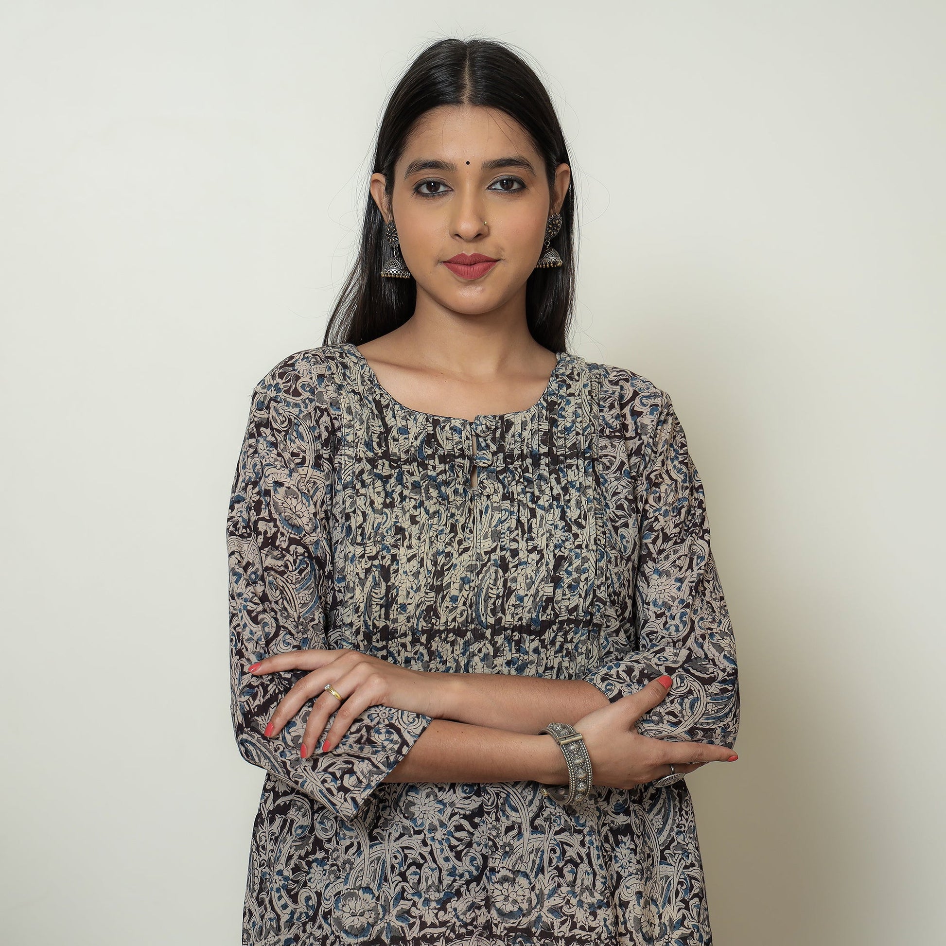 Black - Kalamkari Hand Block Printed Mul Cotton Pintuck A-Line Kurta 05