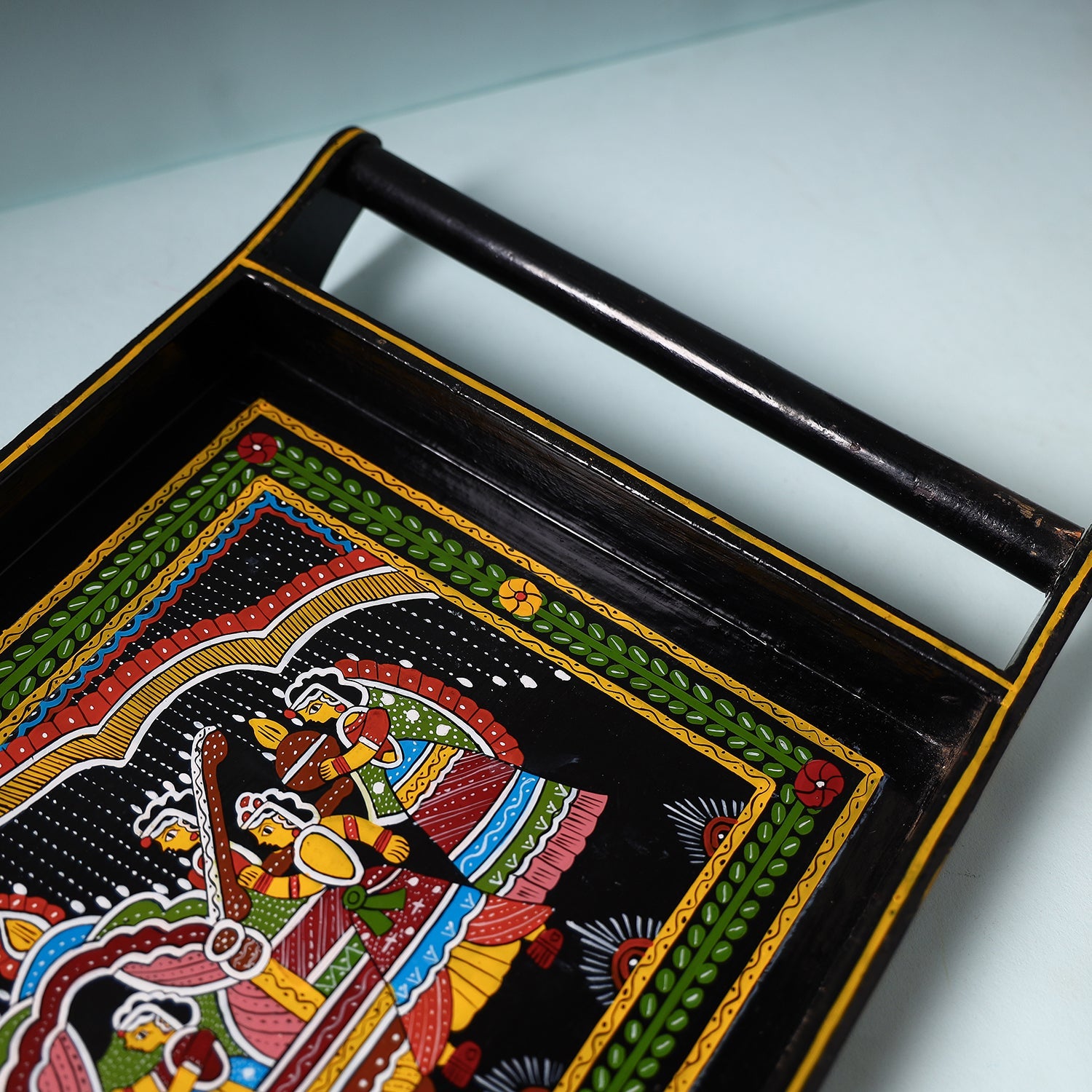 Black - Tikuli Art Handpainted Wooden Tray (Large)