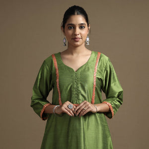 Apple Green - Plain Solid Slub Silk A-Line Kurta with Beadwork Hand Embroidery Lace