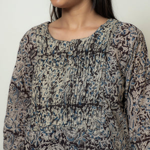 Black - Kalamkari Hand Block Printed Mul Cotton Pintuck A-Line Kurta 05