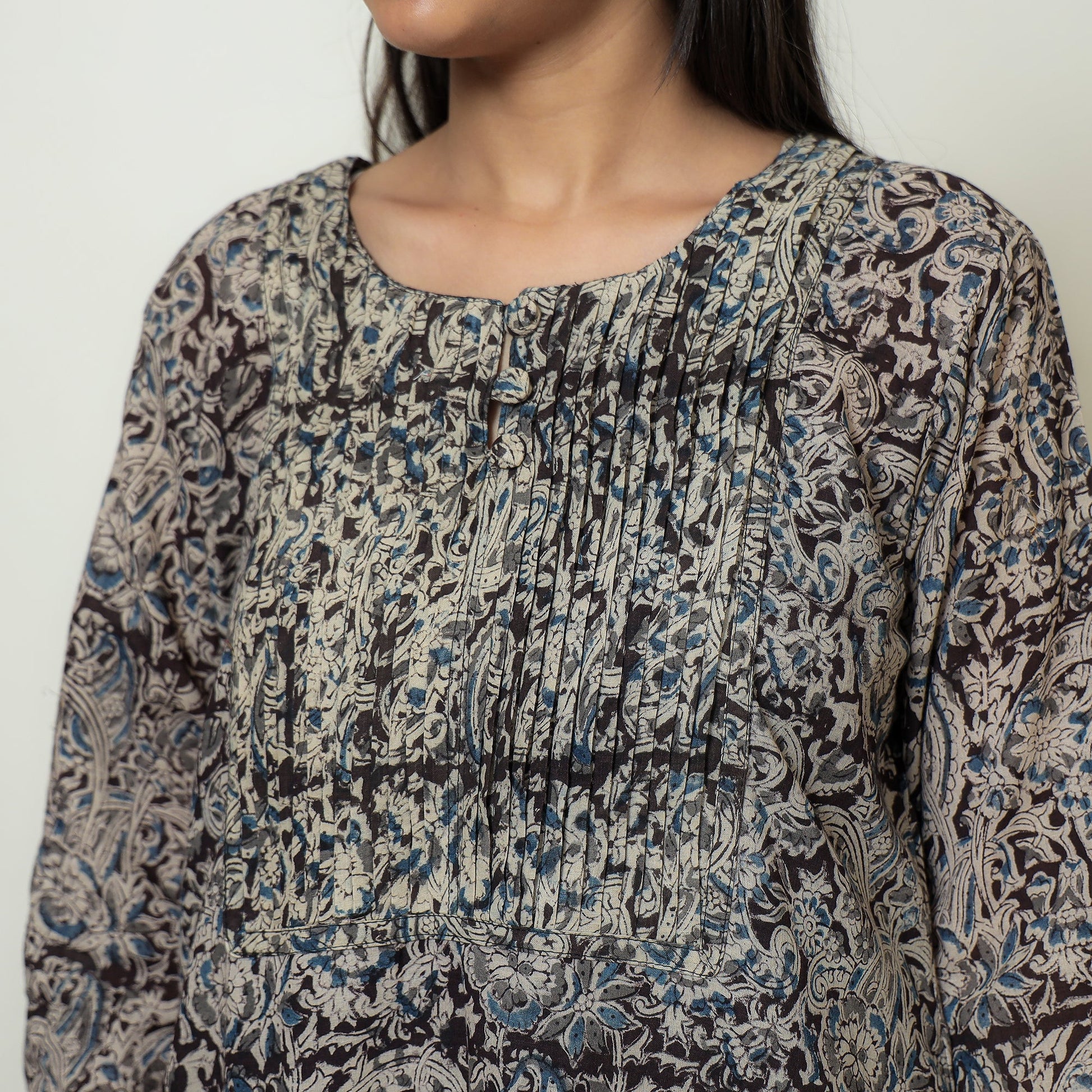 Black - Kalamkari Hand Block Printed Mul Cotton Pintuck A-Line Kurta 05