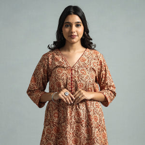 Brown - Pedana Kalamkari Block Printed Cotton Kurta with Palazzo Set