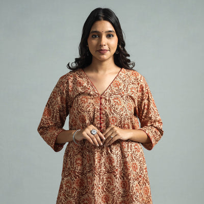 Brown - Pedana Kalamkari Block Printed Cotton Kurta with Palazzo Set
