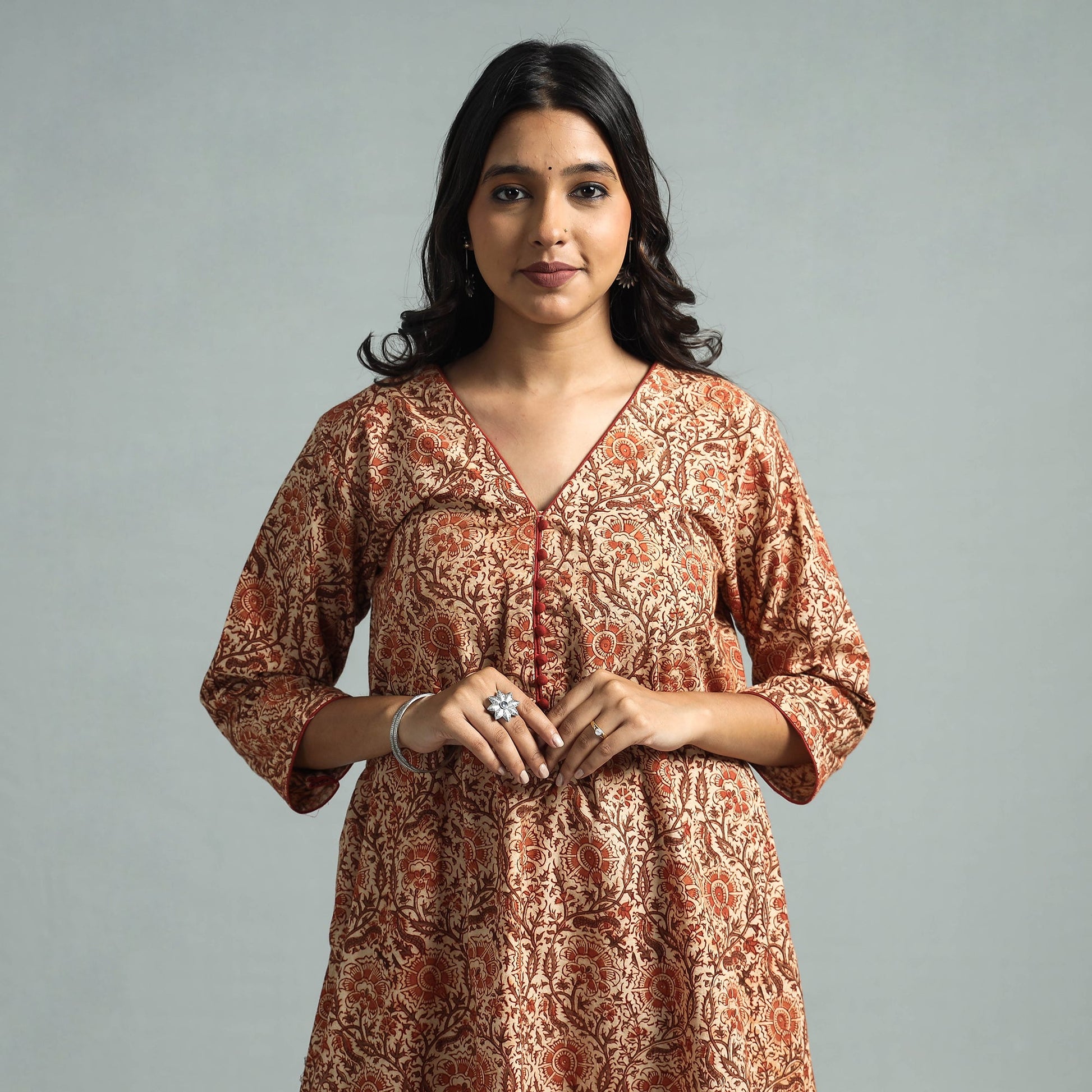 Brown - Pedana Kalamkari Block Printed Cotton Kurta with Palazzo Set