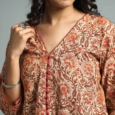 Brown - Pedana Kalamkari Block Printed Cotton Kurta with Palazzo Set
