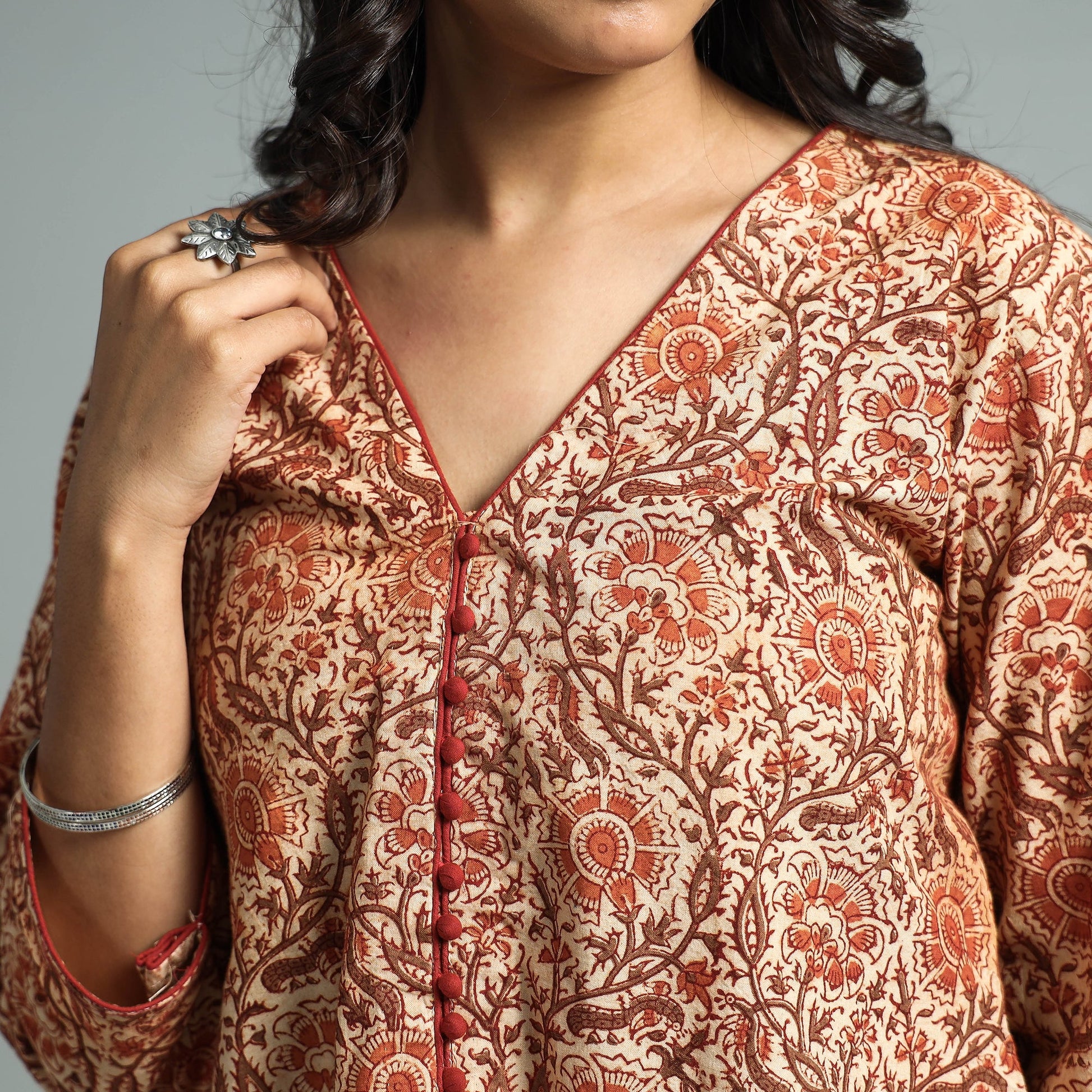 Brown - Pedana Kalamkari Block Printed Cotton Kurta with Palazzo Set