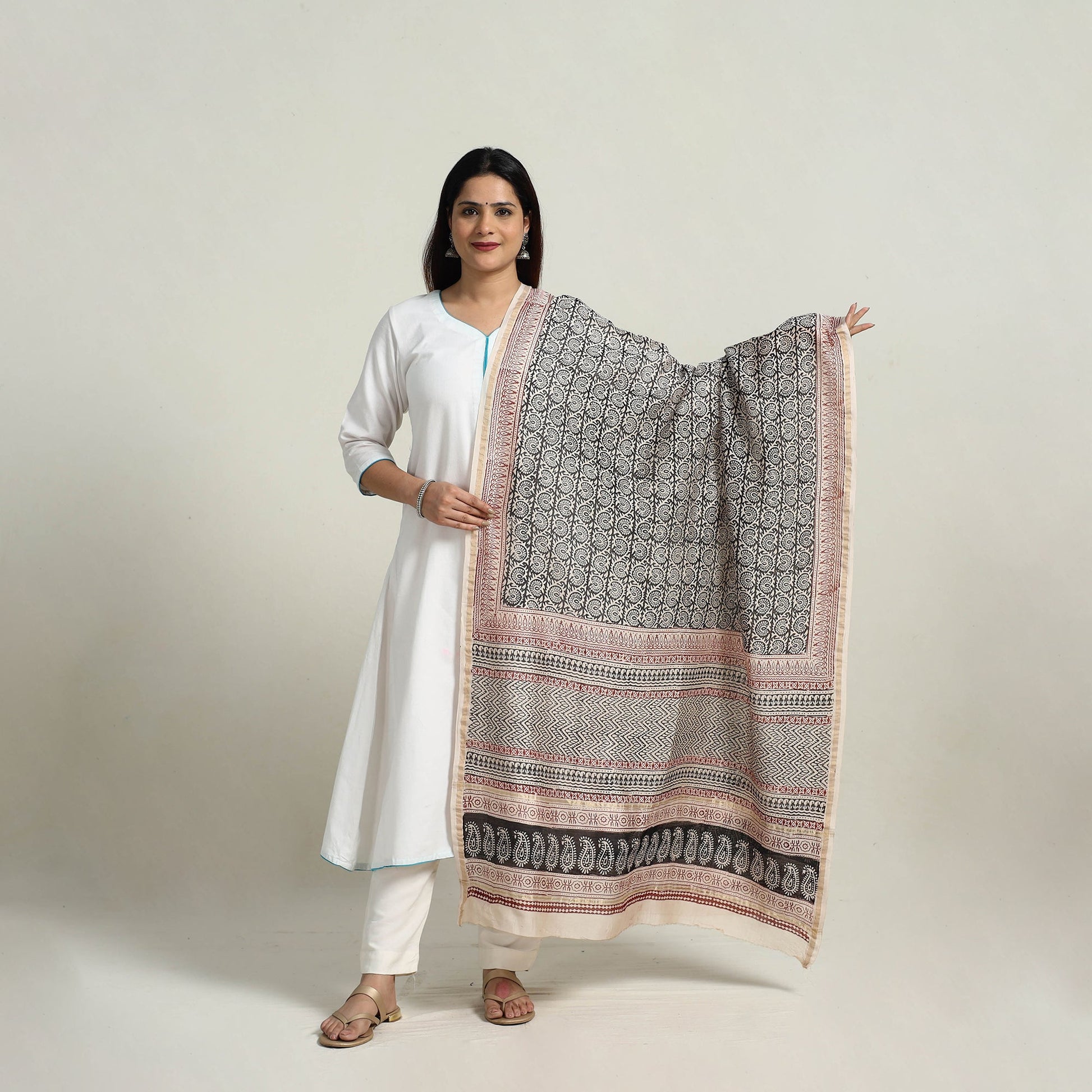 Grey - Natural Dyed Hand Block Print Chanderi Silk Bagh Dupatta 24