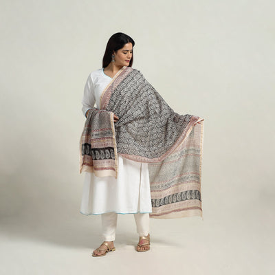 Grey - Natural Dyed Hand Block Print Chanderi Silk Bagh Dupatta 24
