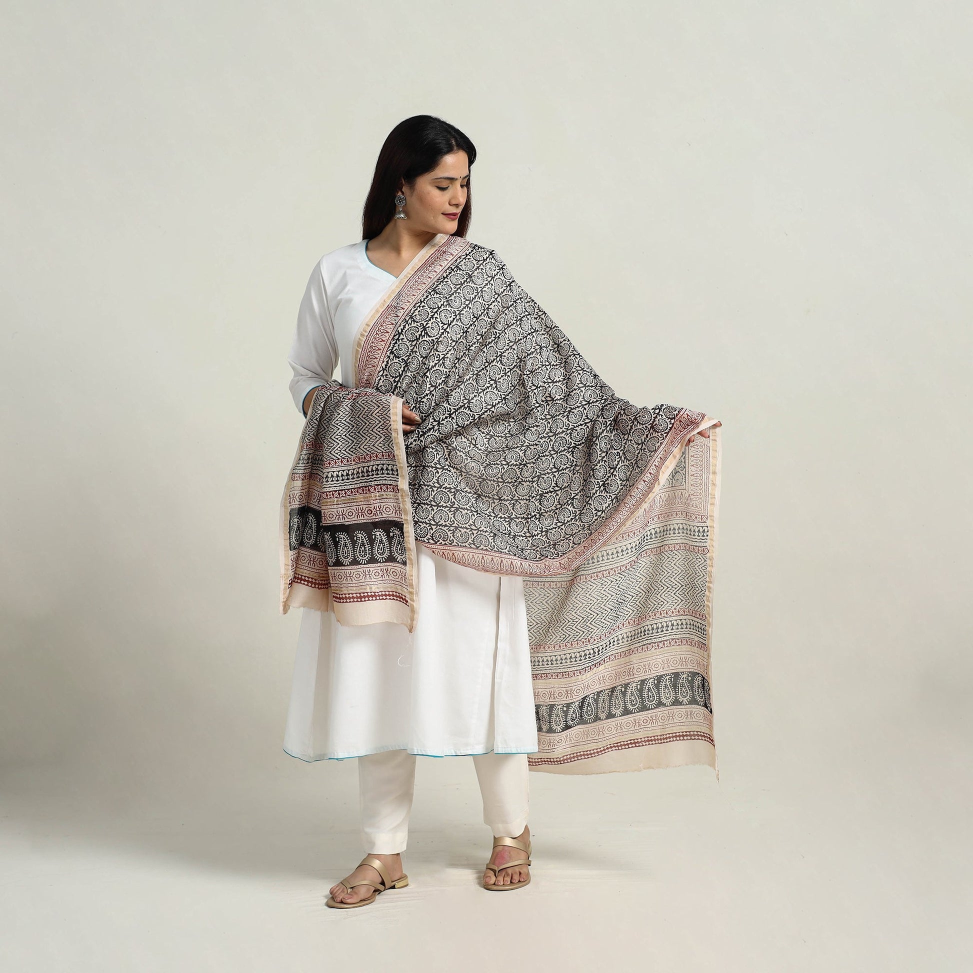 Grey - Natural Dyed Hand Block Print Chanderi Silk Bagh Dupatta 24