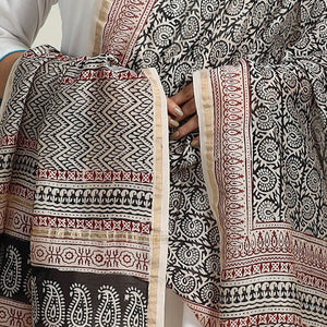 Grey - Natural Dyed Hand Block Print Chanderi Silk Bagh Dupatta 24