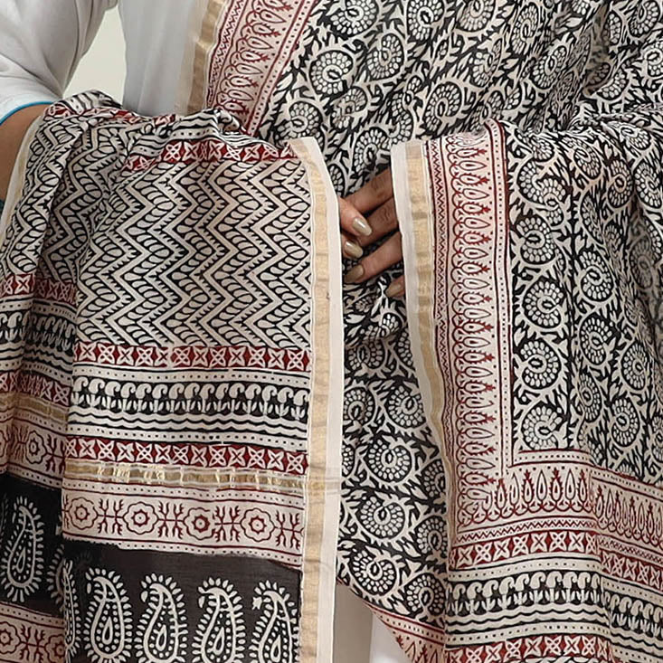 Grey - Natural Dyed Hand Block Print Chanderi Silk Bagh Dupatta 24