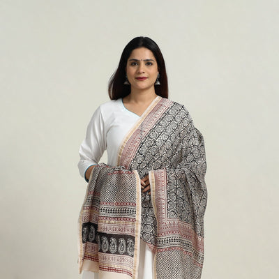 Grey - Natural Dyed Hand Block Print Chanderi Silk Bagh Dupatta 24