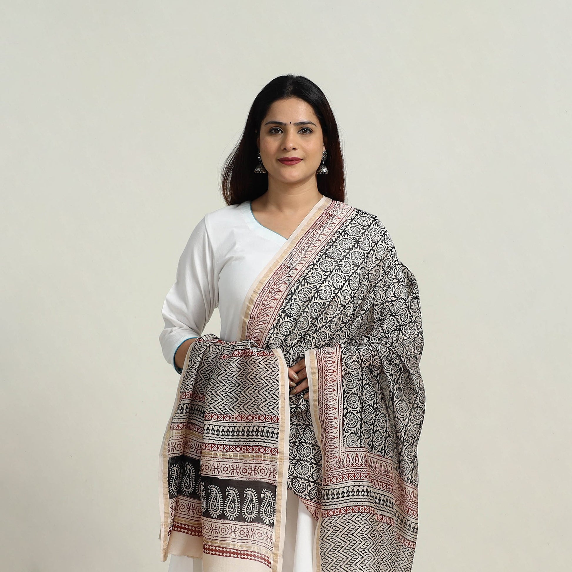 Grey - Natural Dyed Hand Block Print Chanderi Silk Bagh Dupatta 24