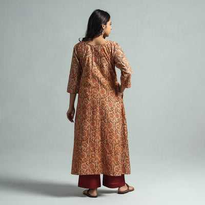 Brown - Pedana Kalamkari Block Printed Cotton Kurta with Palazzo Set