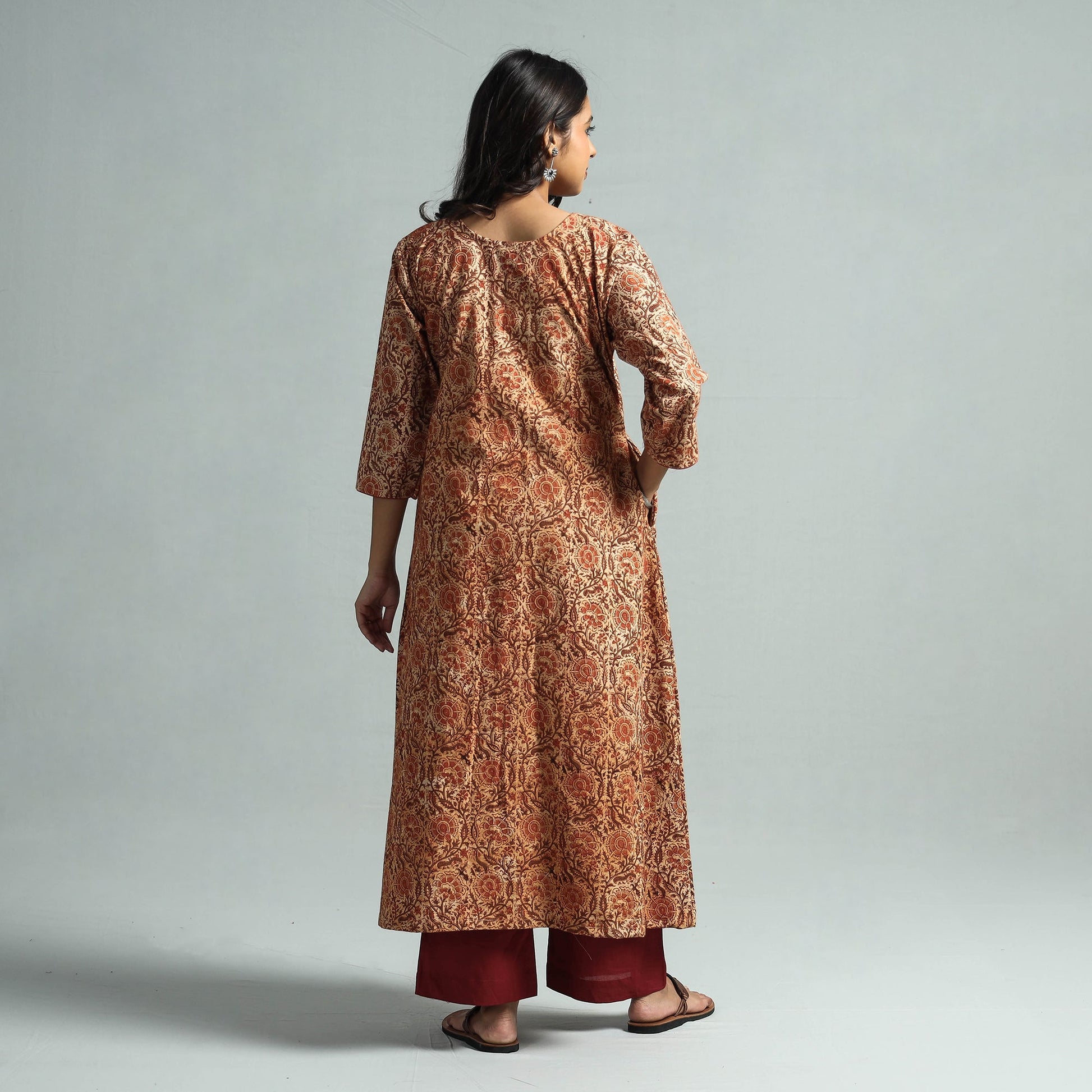 Brown - Pedana Kalamkari Block Printed Cotton Kurta with Palazzo Set