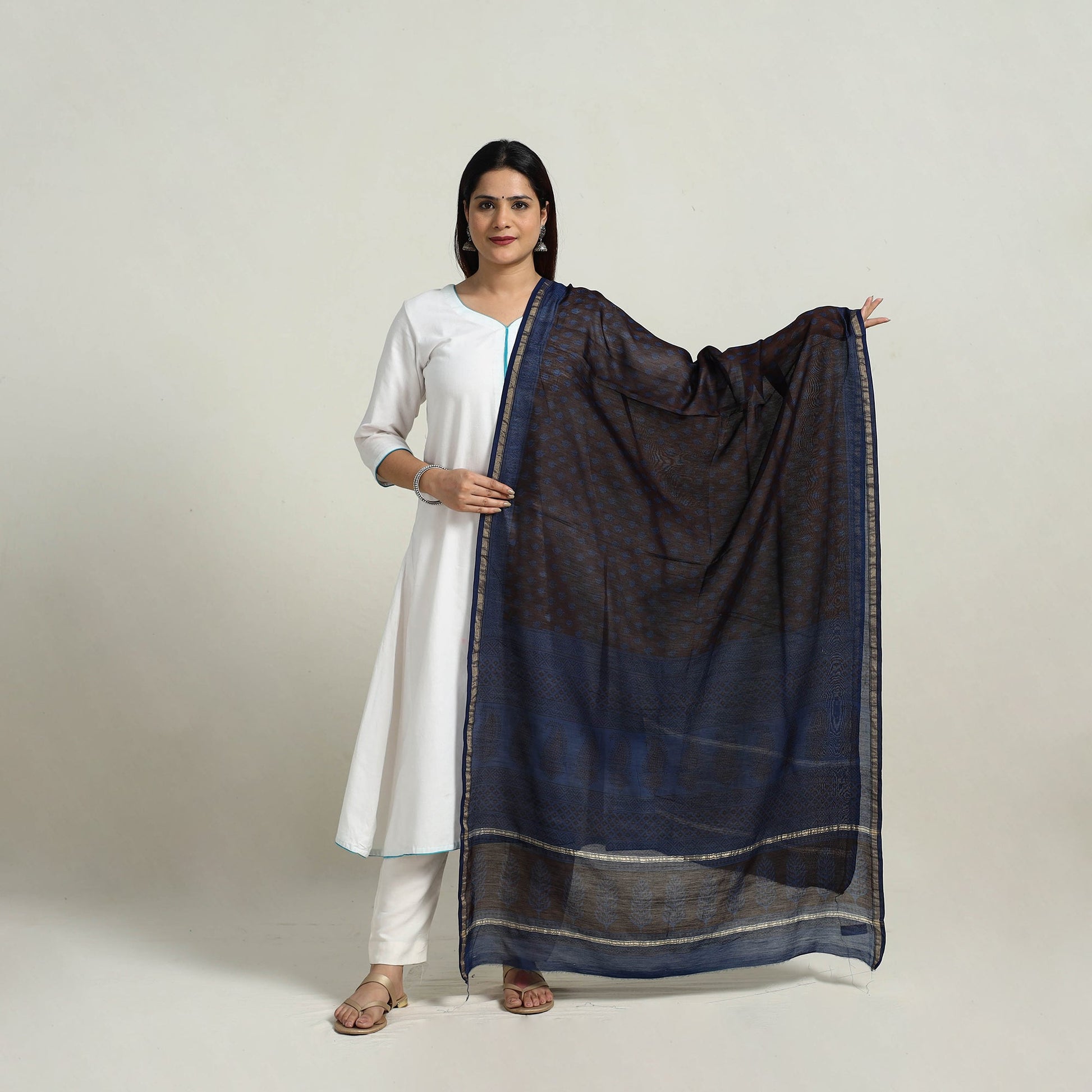 Brown - Natural Dyed Hand Block Print Chanderi Silk Bagh Dupatta 25