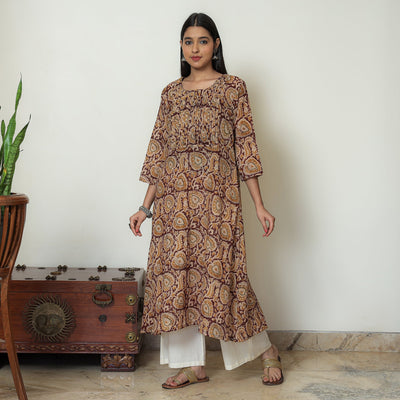 Brown - Kalamkari Hand Block Printed Mul Cotton Pintuck A-Line Kurta 03