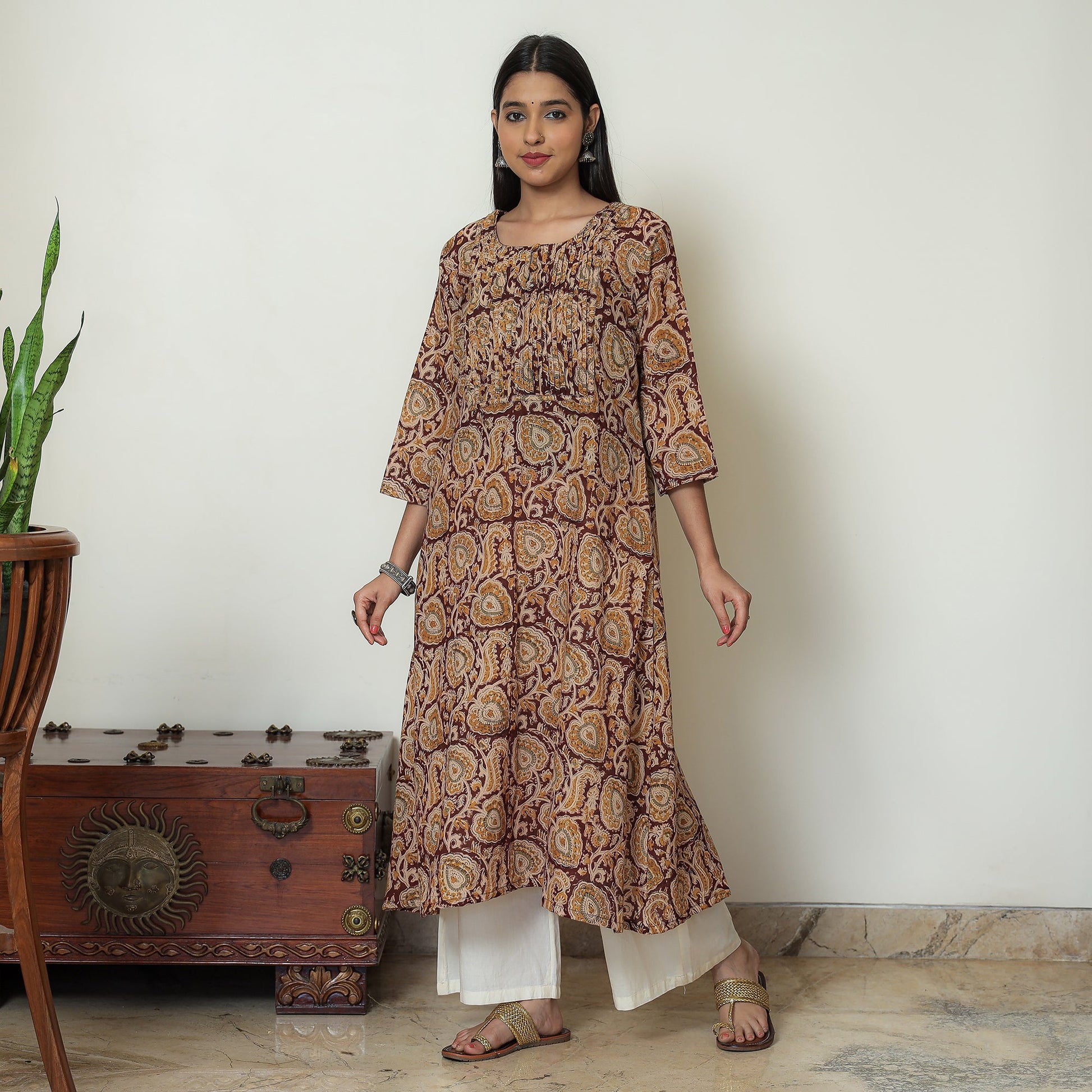 Brown - Kalamkari Hand Block Printed Mul Cotton Pintuck A-Line Kurta 03