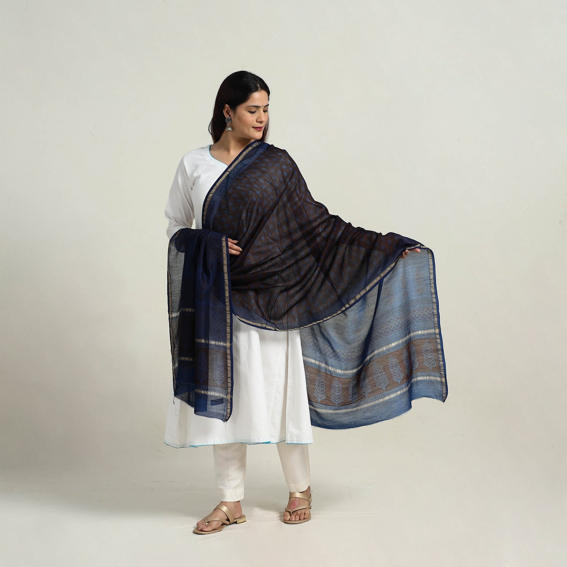 Brown - Natural Dyed Hand Block Print Chanderi Silk Bagh Dupatta 25