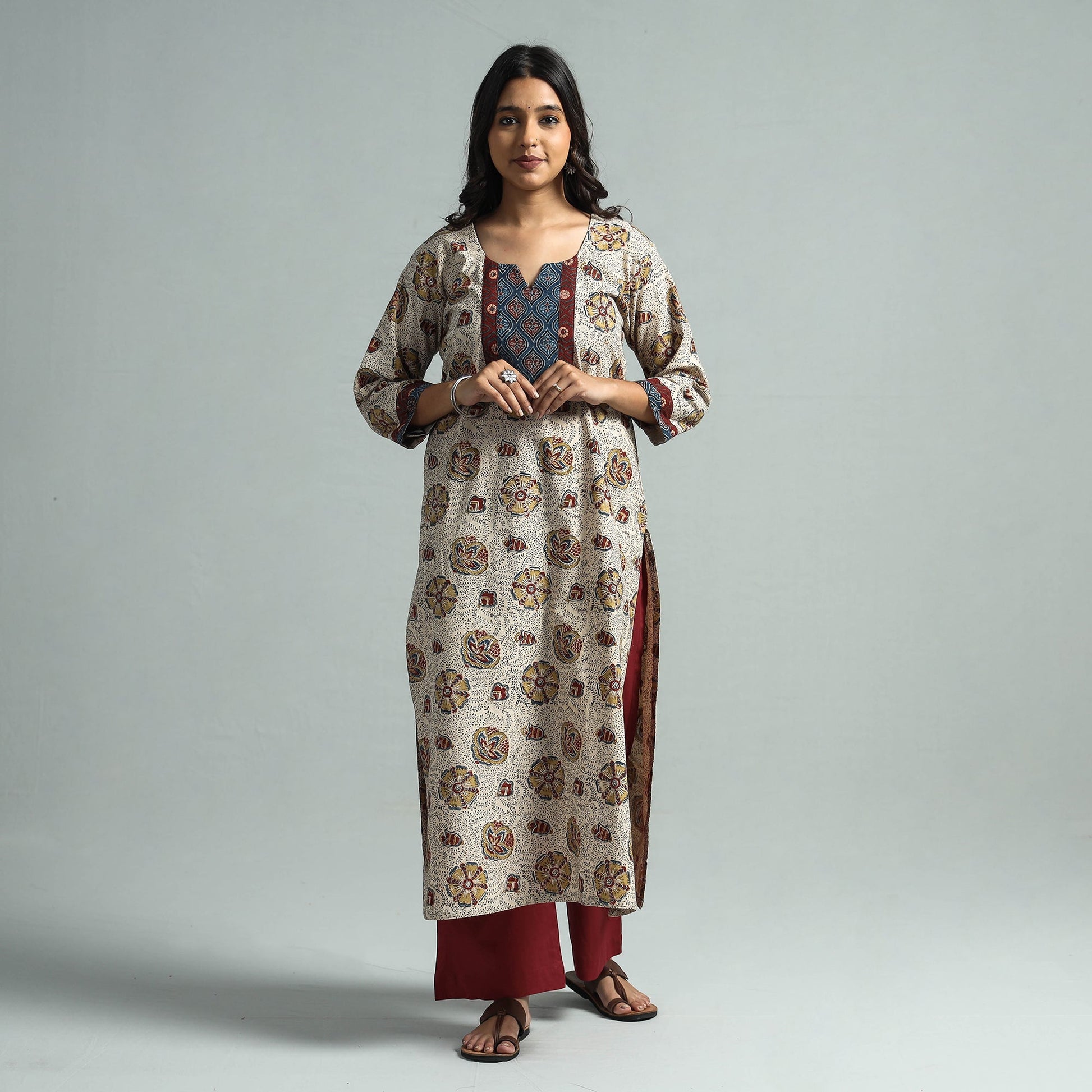 Beige - Pedana Kalamkari Block Printed Cotton Kurta with Palazzo Set