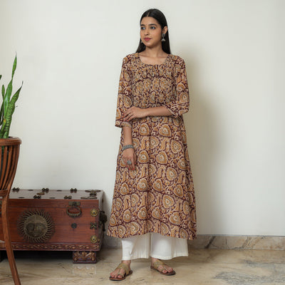 Brown - Kalamkari Hand Block Printed Mul Cotton Pintuck A-Line Kurta 03