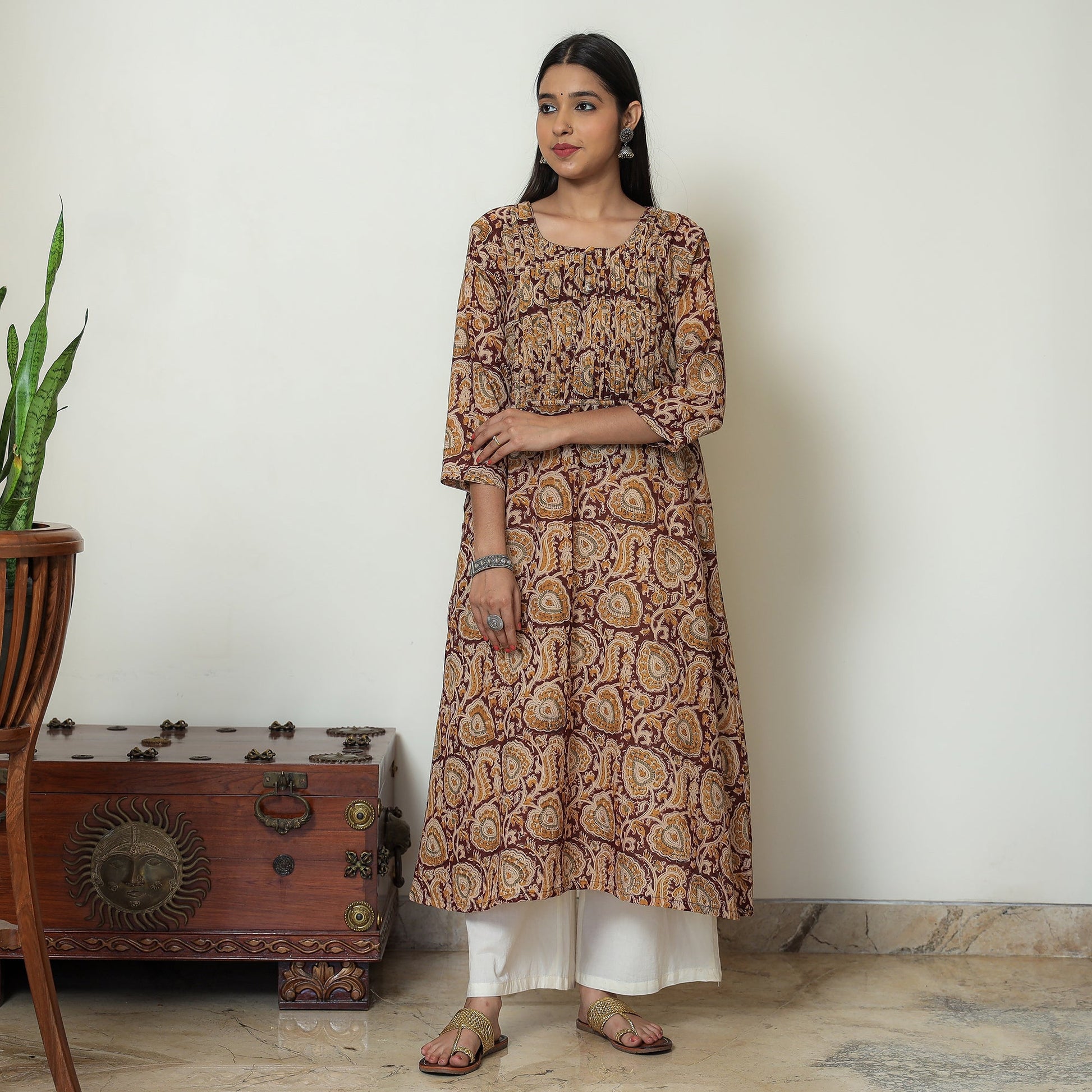 Brown - Kalamkari Hand Block Printed Mul Cotton Pintuck A-Line Kurta 03