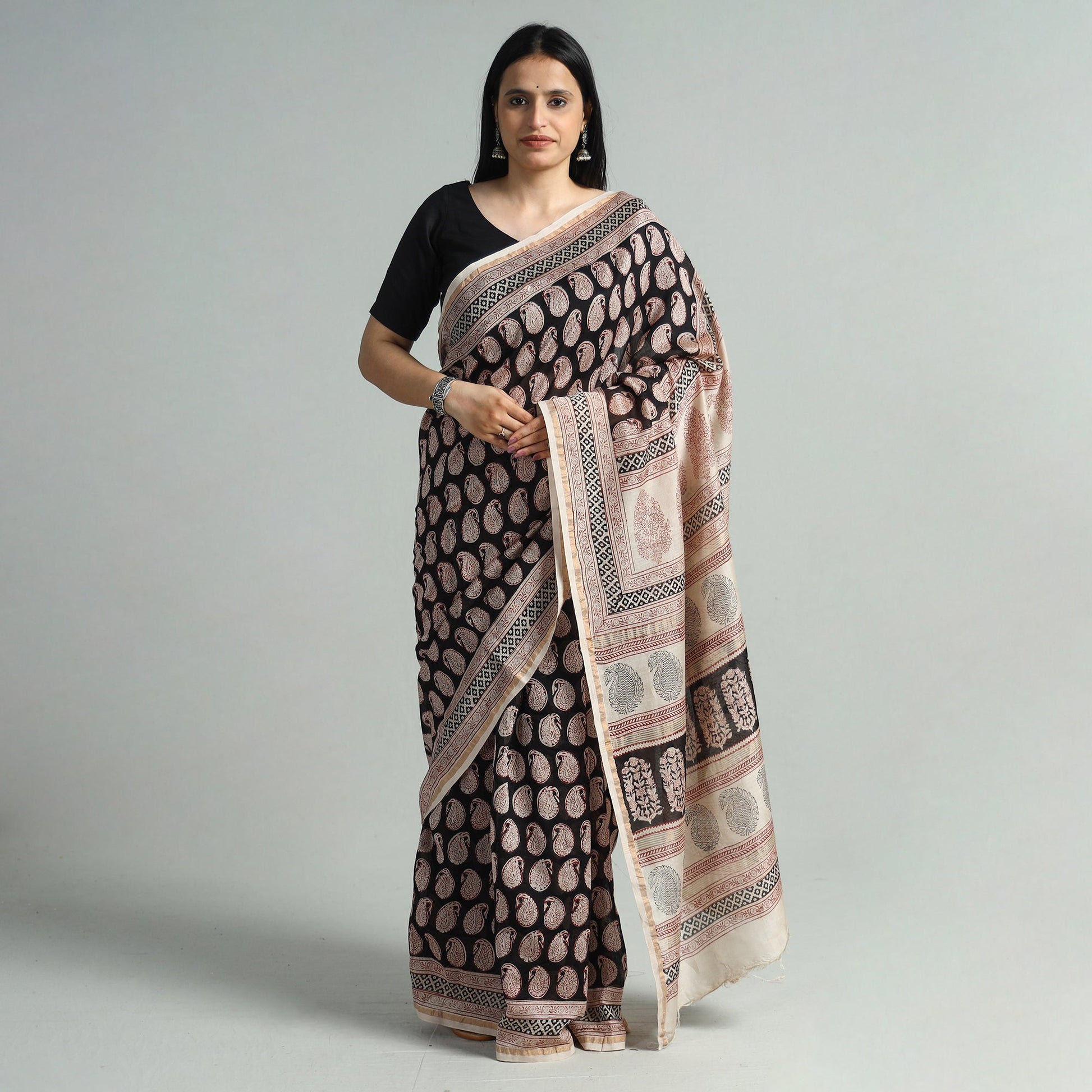 Black - Bagh Block Printed Chanderi Silk Saree 111