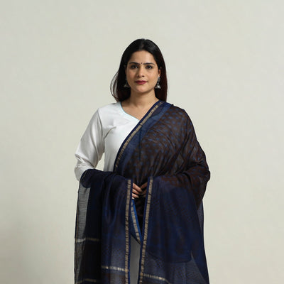 Brown - Natural Dyed Hand Block Print Chanderi Silk Bagh Dupatta 25