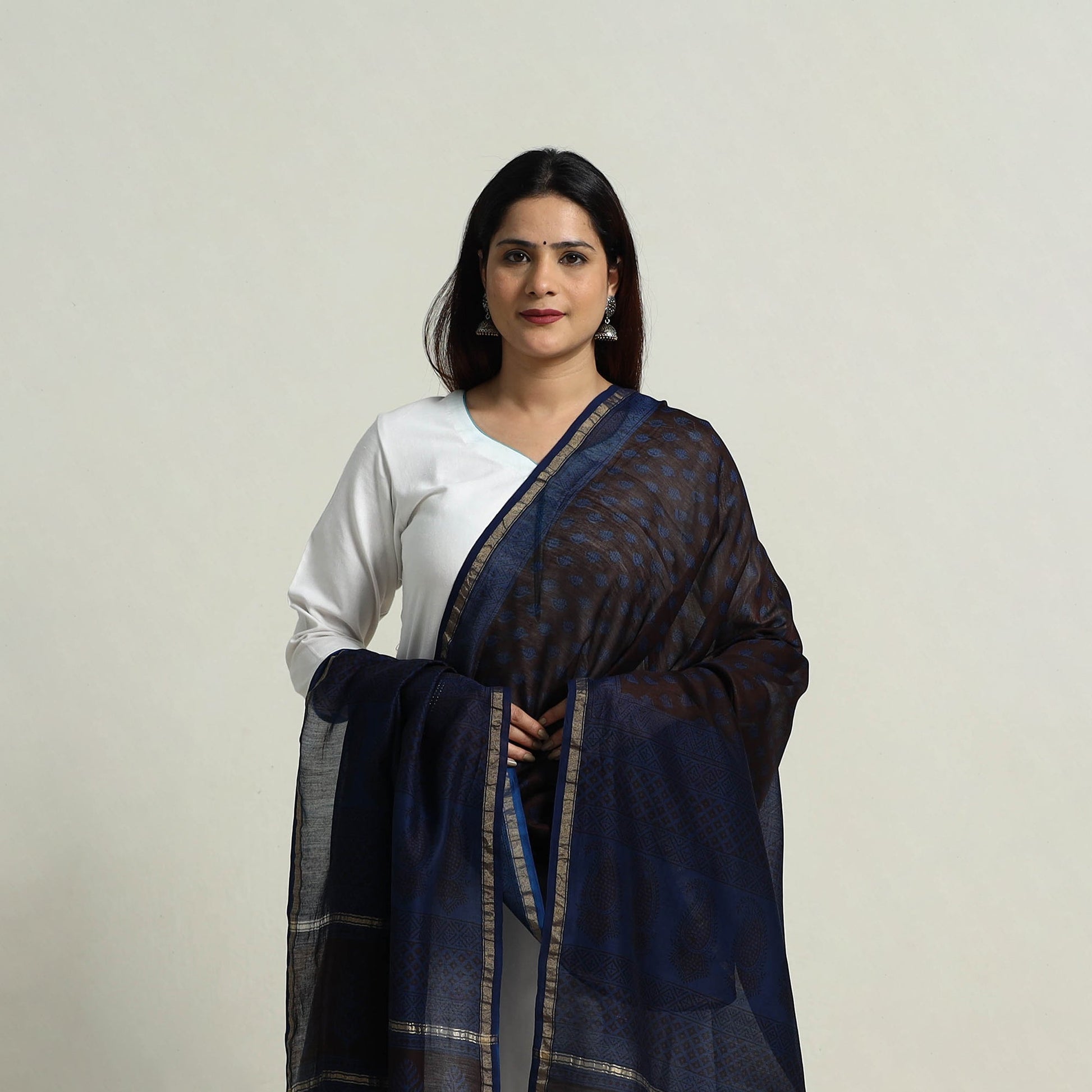 Brown - Natural Dyed Hand Block Print Chanderi Silk Bagh Dupatta 25