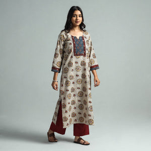 Beige - Pedana Kalamkari Block Printed Cotton Kurta with Palazzo Set