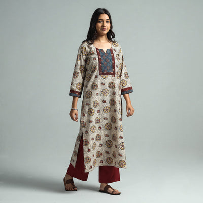 Beige - Pedana Kalamkari Block Printed Cotton Kurta with Palazzo Set